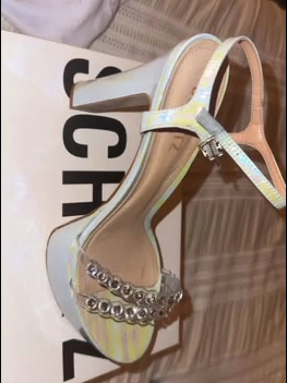 SCHUTZ Iridescent White Platform Sandals with Rhinestone Chain Straps
